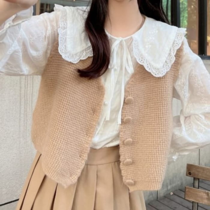 Plain Lace Trim Shirt / Single-Breasted Vest - Coffee