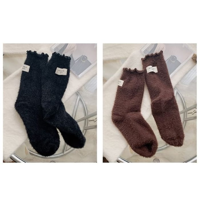 Plain Lettuce Edge Applique Fleece Socks / Set - of 2 Pair