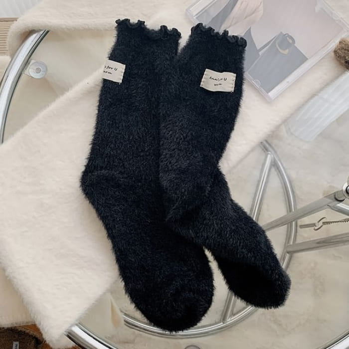 Plain Lettuce Edge Applique Fleece Socks / Set - of 2 Pair