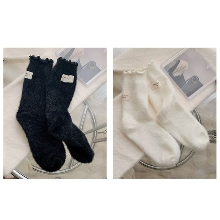 Plain Lettuce Edge Applique Fleece Socks / Set - of 2 Pair