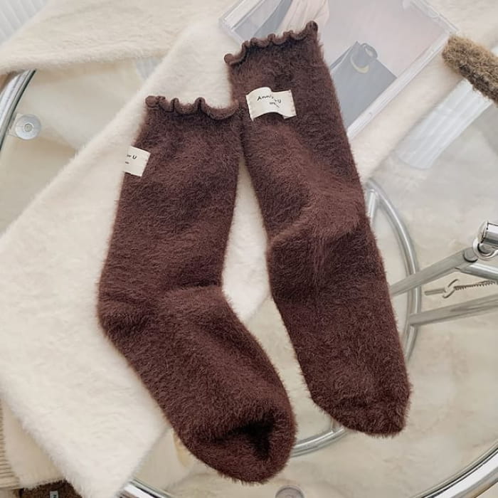 Plain Lettuce Edge Applique Fleece Socks / Set - of 2 Pair