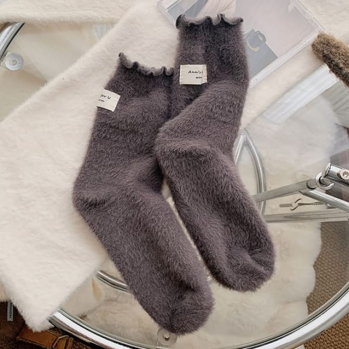 Plain Lettuce Edge Applique Fleece Socks / Set - of 2 Pair