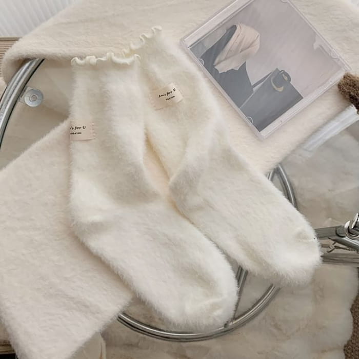 Plain Lettuce Edge Applique Fleece Socks / Set - of 2 Pair