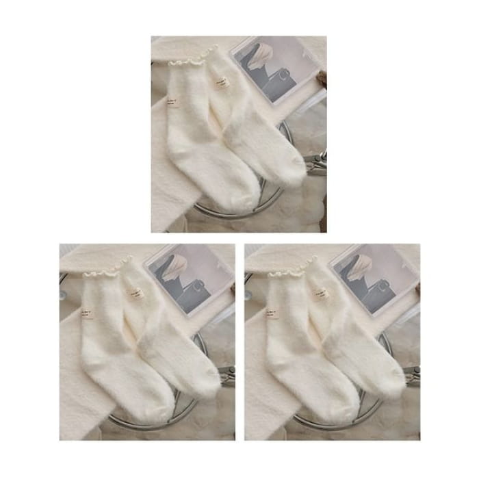 Plain Lettuce Edge Applique Fleece Socks / Set - of 3 Pair