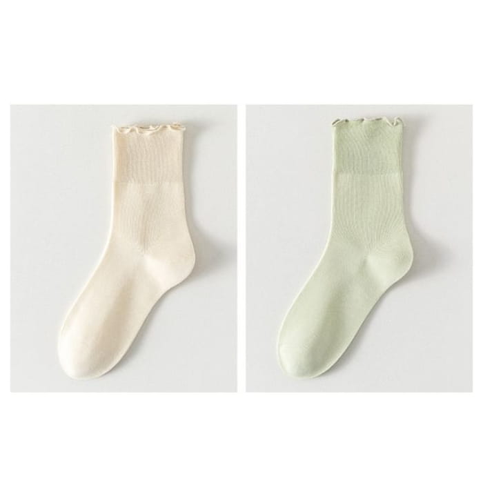 Plain Lettuce Edge Socks Set - Of 2 Pairs - Beige & Green