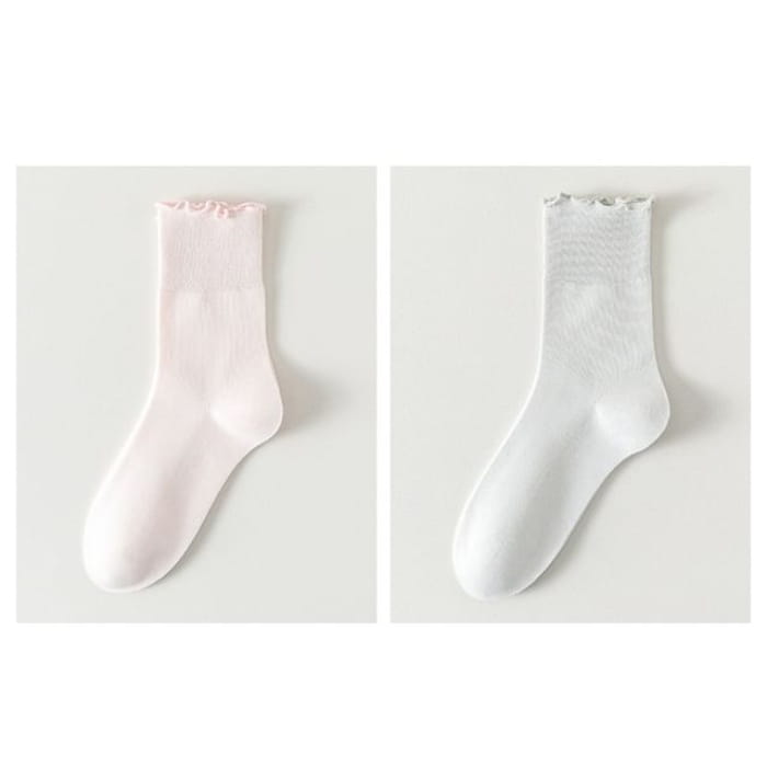 Plain Lettuce Edge Socks Set - Of 2 Pairs - Light Pink &