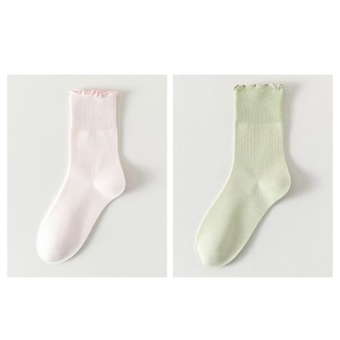 Plain Lettuce Edge Socks Set - Of 2 Pairs - Light Pink &