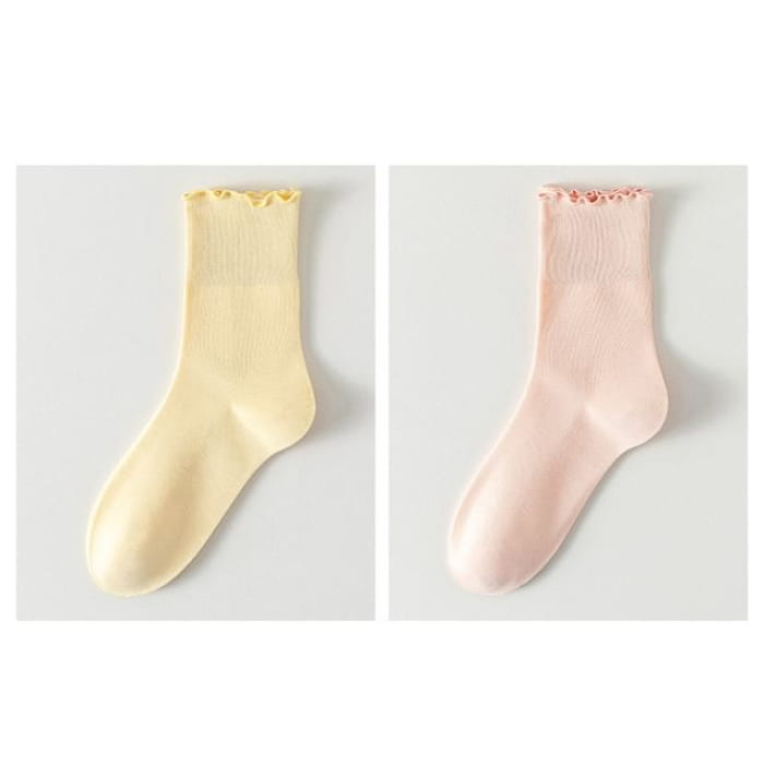 Plain Lettuce Edge Socks Set - Of 2 Pairs - Light Yellow &
