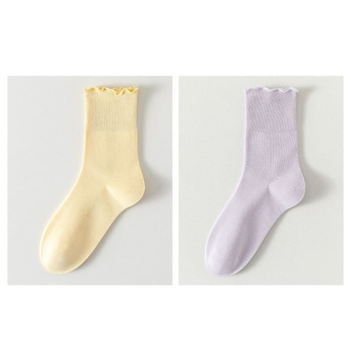 Plain Lettuce Edge Socks Set - Of 2 Pairs - Light Yellow &