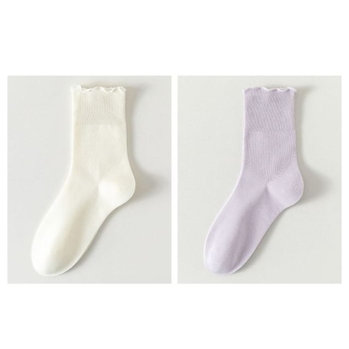 Plain Lettuce Edge Socks Set - Of 2 Pairs - Milky White &