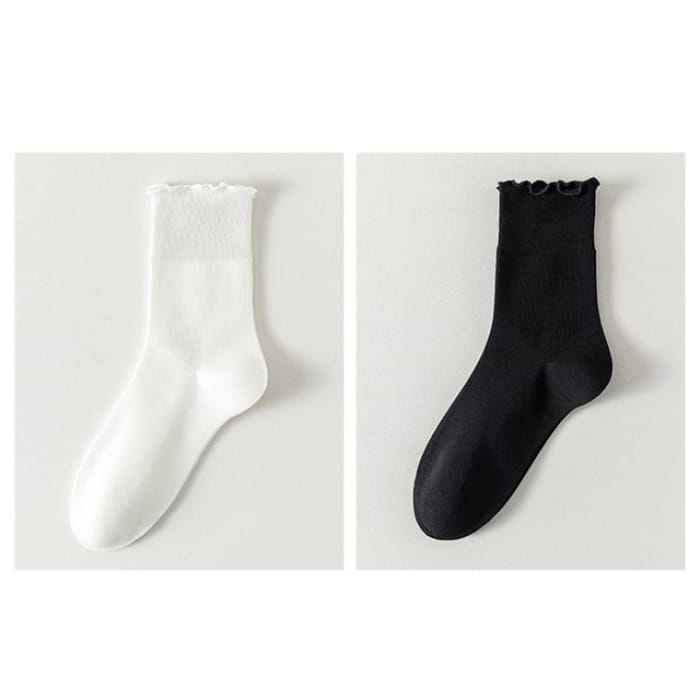 Plain Lettuce Edge Socks Set - Of 2 Pairs - White & Black
