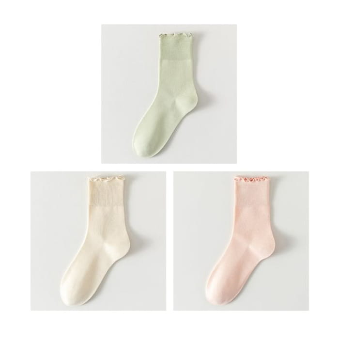 Plain Lettuce Edge Socks Set - Of 3 Pairs- Green & Beige