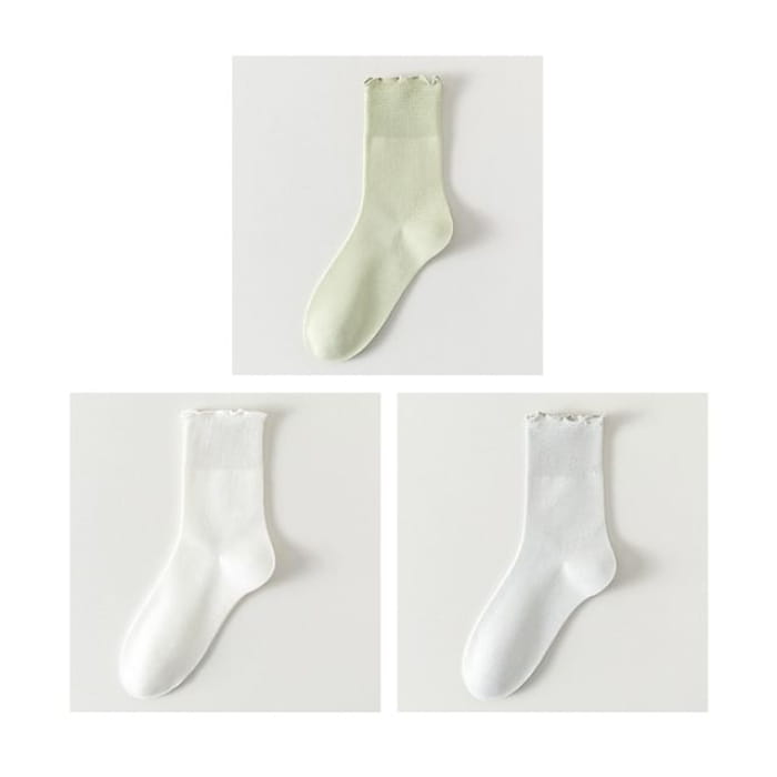 Plain Lettuce Edge Socks Set - Of 3 Pairs- Green & White