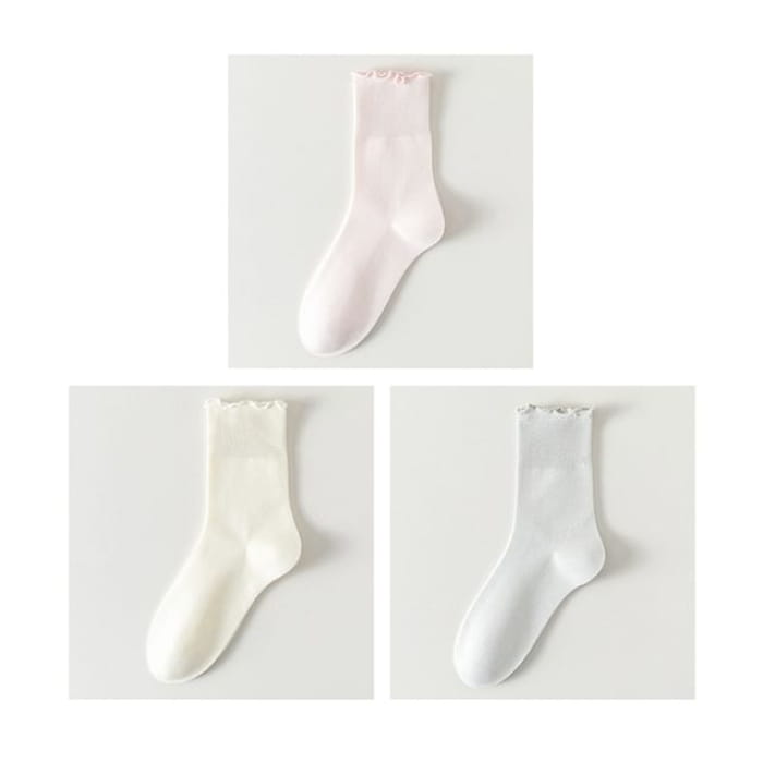 Plain Lettuce Edge Socks Set - Of 3 Pairs- Light Pink &