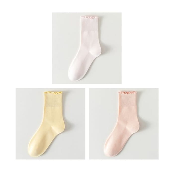 Plain Lettuce Edge Socks Set - Of 3 Pairs- Light Pink &