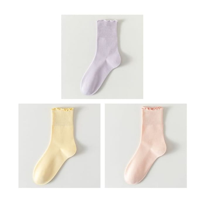 Plain Lettuce Edge Socks Set - Of 3 Pairs- Purple & Light