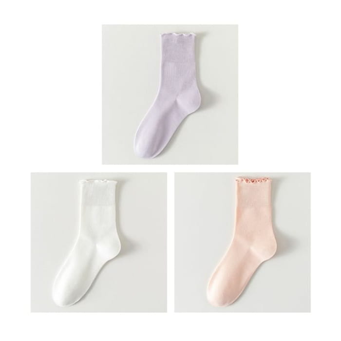 Plain Lettuce Edge Socks Set - Of 3 Pairs- Purple & White