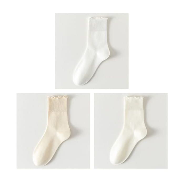 Plain Lettuce Edge Socks Set - Of 3 Pairs- White & Beige