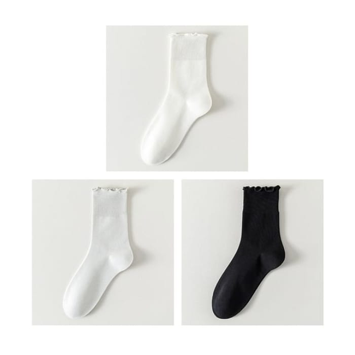 Plain Lettuce Edge Socks Set - Of 3 Pairs- White & Light