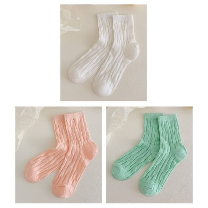 Plain Mesh Panel Socks Set - 3 Pairs - White & Pink Light