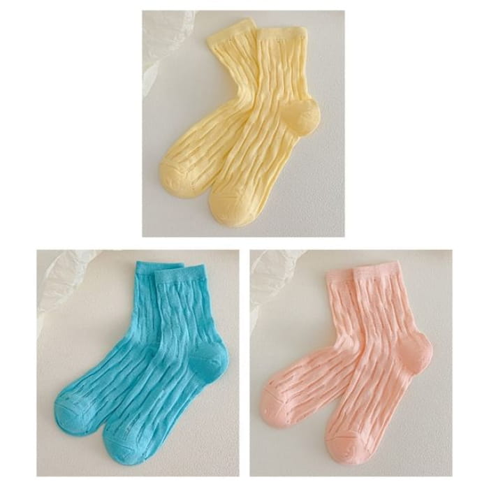 Plain Mesh Panel Socks Set - 3 Pairs - Yellow & Aqua Blue