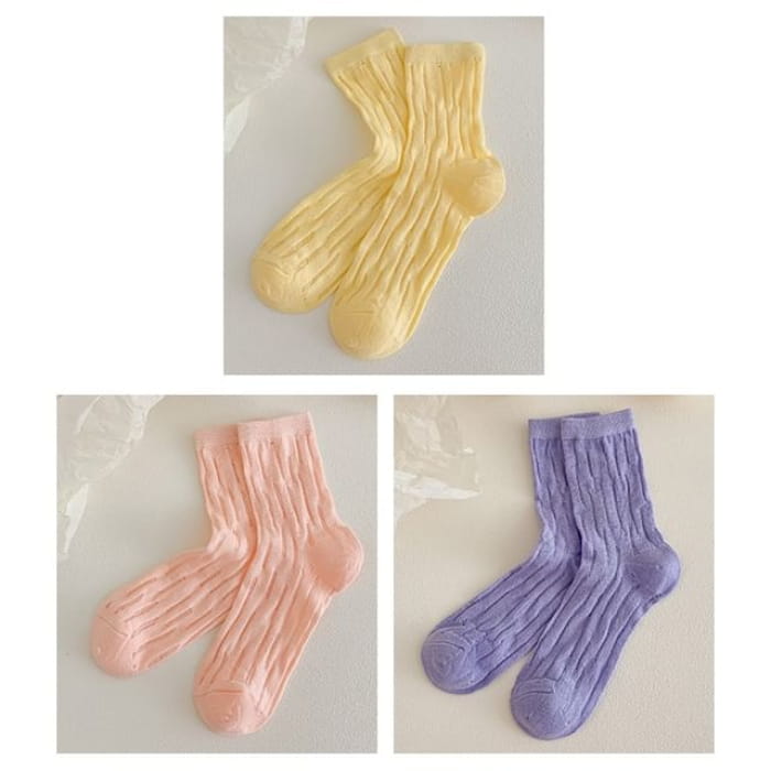 Plain Mesh Panel Socks Set - 3 Pairs - Yellow & Pink Purple
