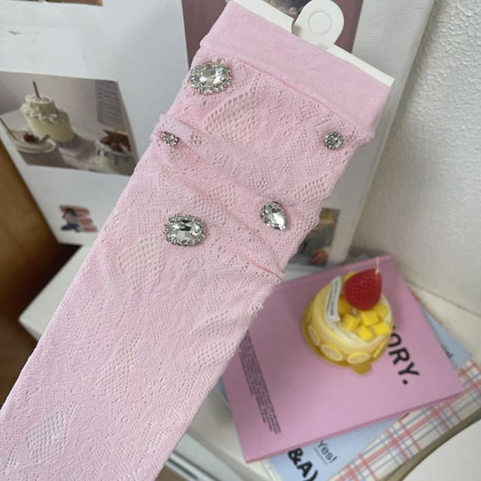 Plain Rhinestone Lace Short Socks - 1 Pair - Pink / One Size