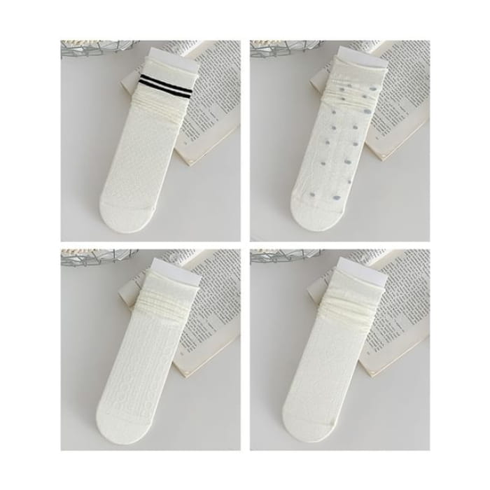Plain Shirred Socks / Set - 01 - of 4 Pairs - White