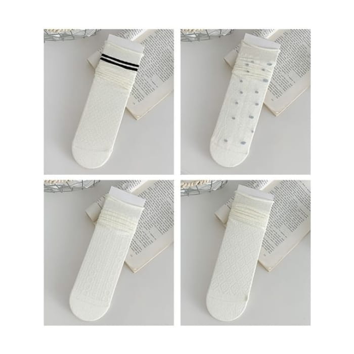 Plain Shirred Socks / Set - 02 - of 4 Pairs - White