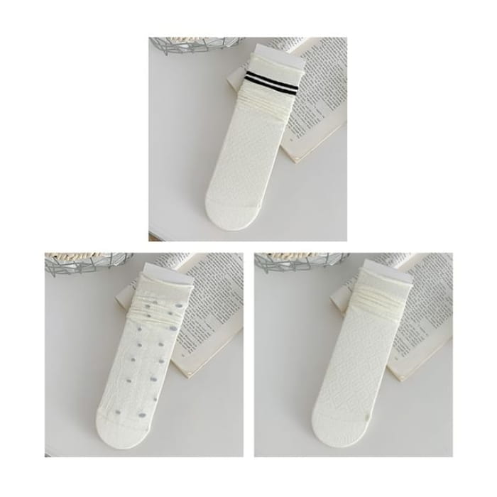 Plain Shirred Socks / Set - 03 - of 3 Pairs - White
