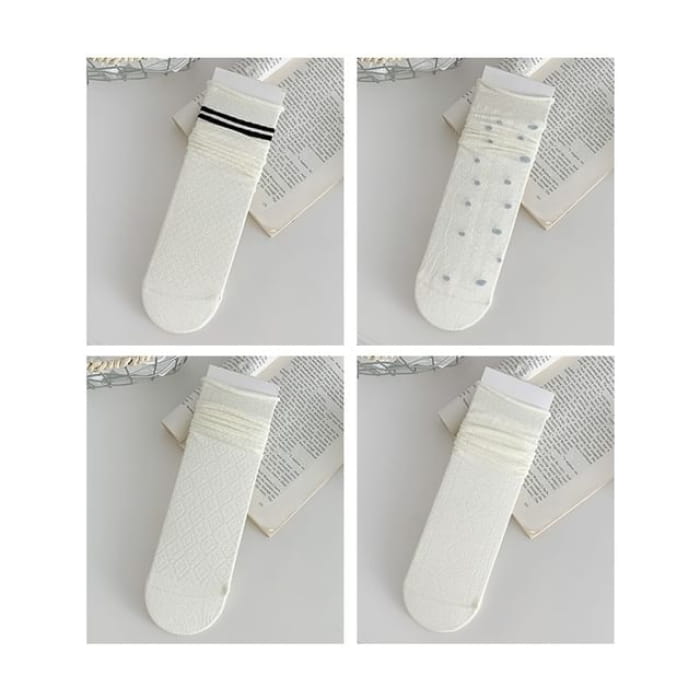 Plain Shirred Socks / Set - 04 - of 4 Pairs - White