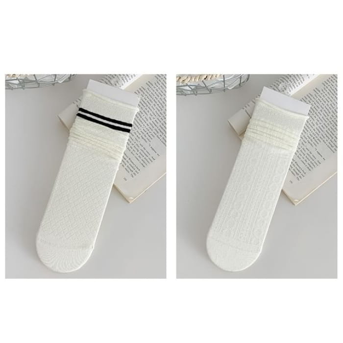 Plain Shirred Socks / Set - 05 - of 2 Pairs - White