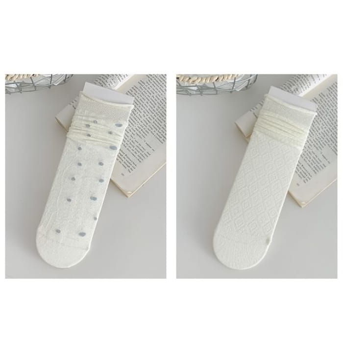 Plain Shirred Socks / Set - 07 - of 2 Pairs - White