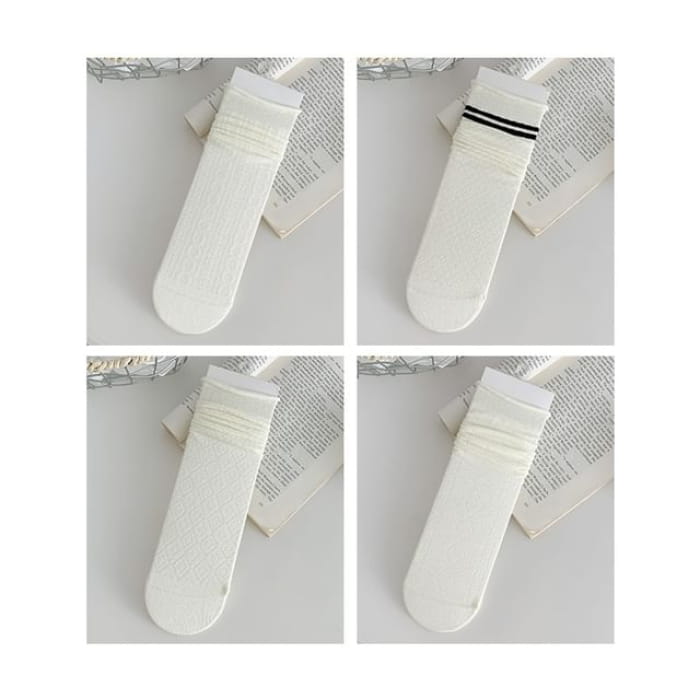 Plain Shirred Socks / Set - 09 - of 4 Pairs - White