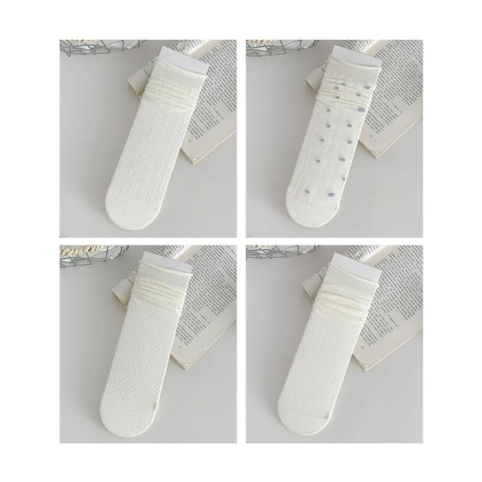 Plain Shirred Socks / Set - 10 - of 4 Pairs - White