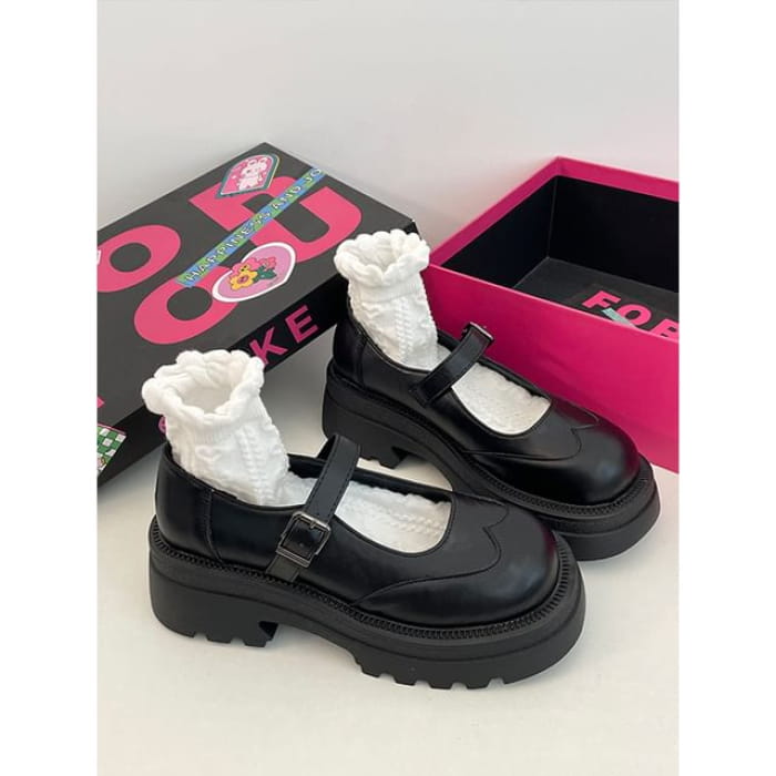 Platform Plain Faux Leather Mary Jane Shoes - Black / 35