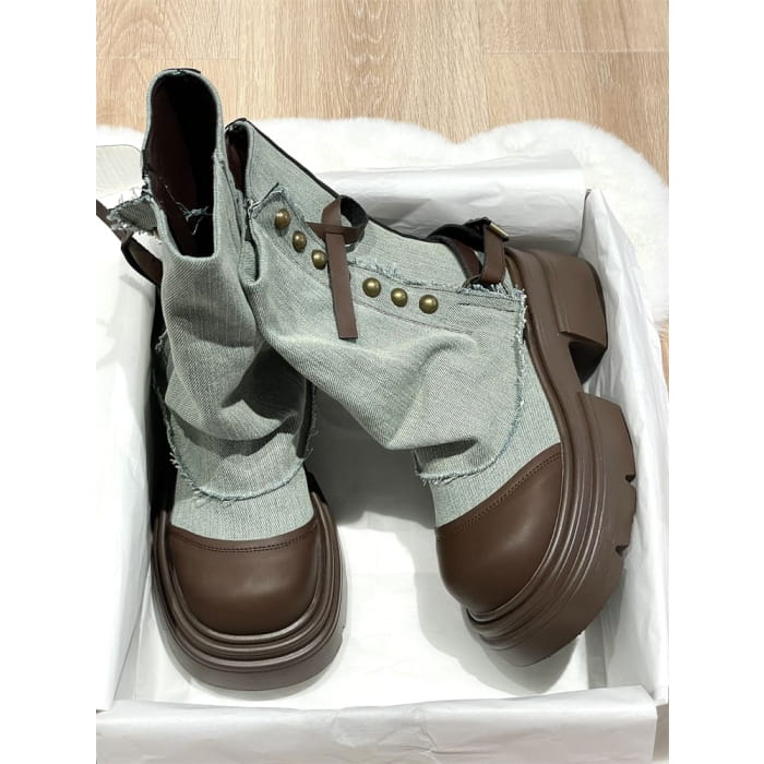 Platform Washed Denim Panel Short Boots