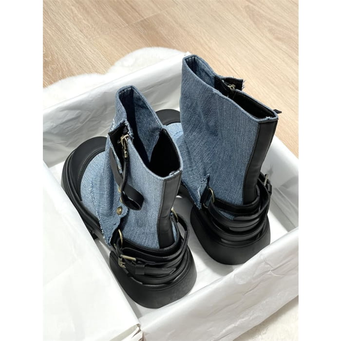 Platform Washed Denim Panel Short Boots