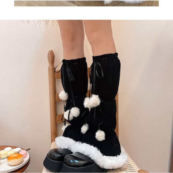 Pom Fluffy Trim Knit Leg Warmers