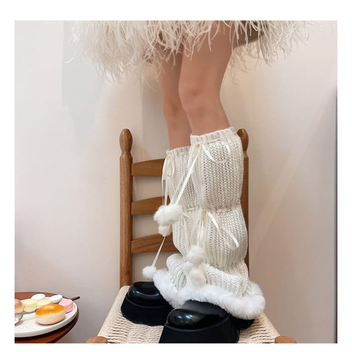 Pom Fluffy Trim Knit Leg Warmers