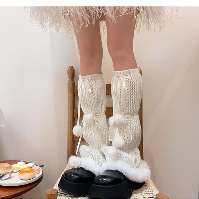 Pom Fluffy Trim Knit Leg Warmers