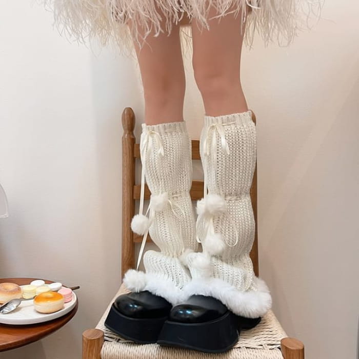 Pom Fluffy Trim Knit Leg Warmers