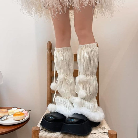 Pom Fluffy Trim Knit Leg Warmers