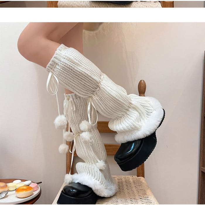 Pom Fluffy Trim Knit Leg Warmers