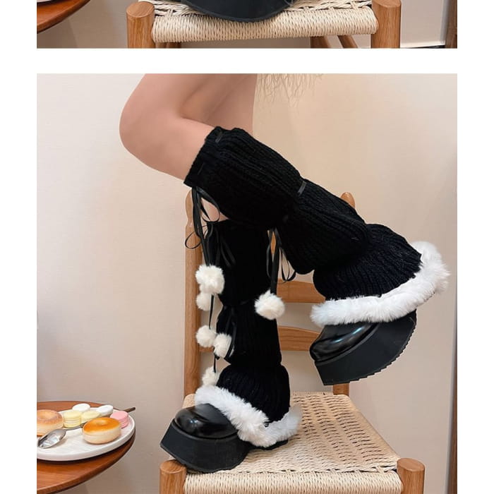 Pom Fluffy Trim Knit Leg Warmers