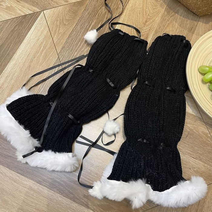 Pom Fluffy Trim Knit Leg Warmers - Black / One Size