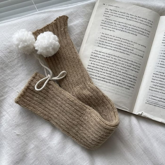 Pom Knit Leg Warmers - Khaki / One Size