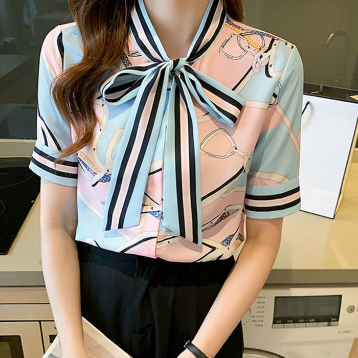 Print Bow Knote Loose Shirt - Pink / M