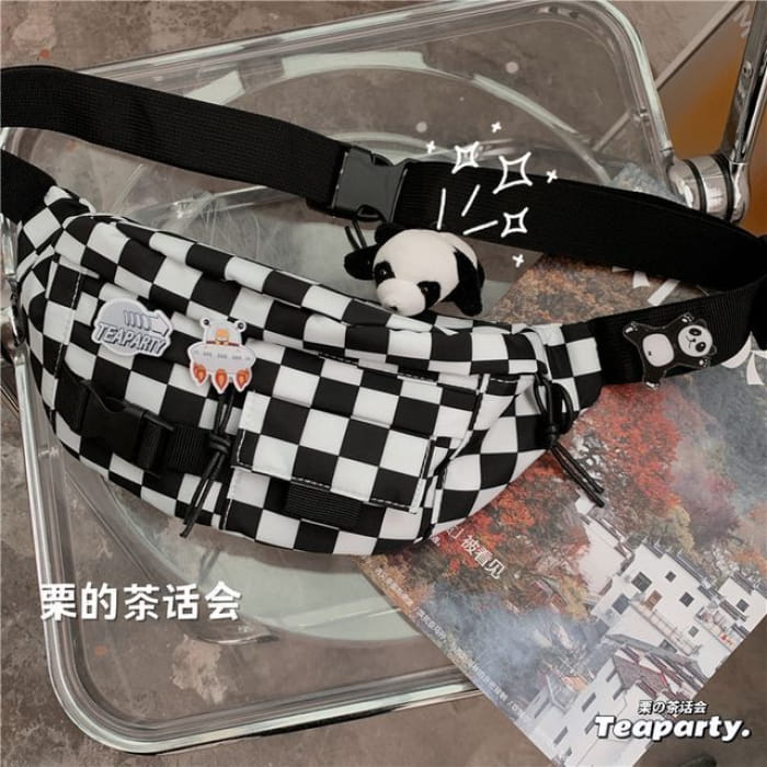 Printed Sling Bag / Charm / Set - With Panda - Checker