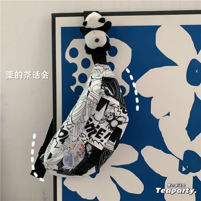 Printed Sling Bag / Charm / Set - With Panda - Comic Print